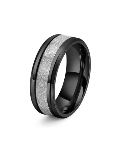 Men's black steel wedding ring with meteorite inlay