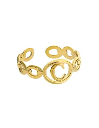 Anello regolabile ad anello aperto da donna in acciaio placcato oro fino lettera C