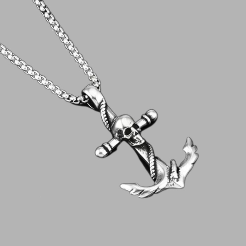 Collier pendentif tête de mort ancre homme acier inoxydable chaine incluse fond argent