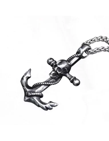 Collana da uomo con ciondolo a forma di teschio con ancora, catena in acciaio inossidabile inclusa