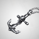 Men's stainless steel anchor skull pendant necklace, chain included, close view