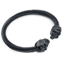 Bracelet de manchette jonc homme acier noir câble torsadé double tête de mort dark vue