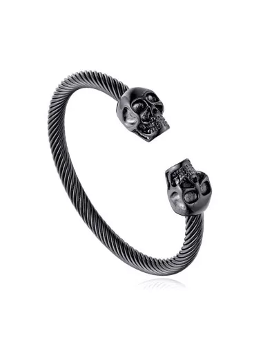 Men's black steel bangle cuff bracelet twisted cable double skull