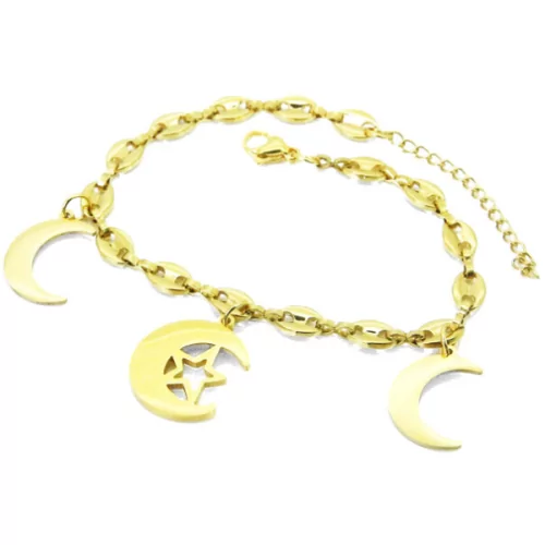 Bracciale da donna falce di luna stella in acciaio dorato simbolo oro zecchino