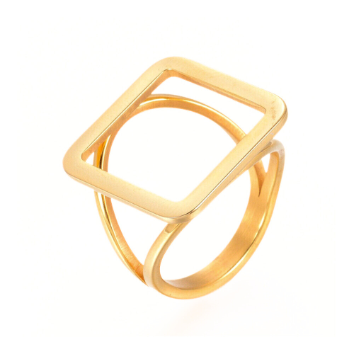 Anillo de mujer moderno cuadrado calado acero fino dorado