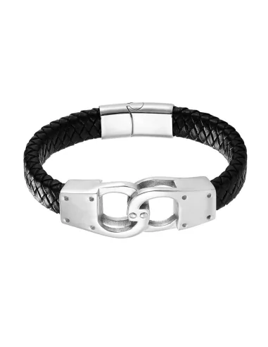 Men's leather bracelet linked by a pair of stainless steel clasp handcuffs