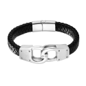 Men's leather bracelet linked by a pair of stainless steel clasp handcuffs
