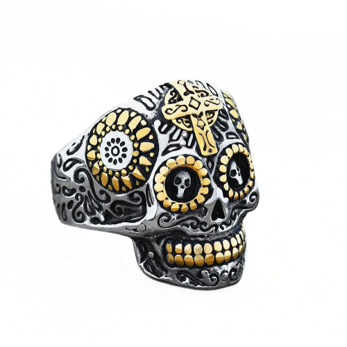 Anello con sigillo da uomo in acciaio dorato profilo motociclista stile messicano