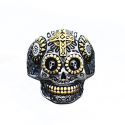 Bague chevalière homme acier doré tête de mort style mexicaine biker vue de face
