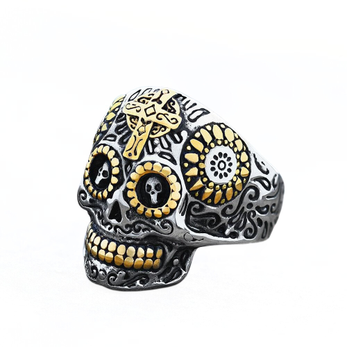 Mann Strick Ring Mann Goldener Stahl Tod Kopf Mexikanischer Stil Biker