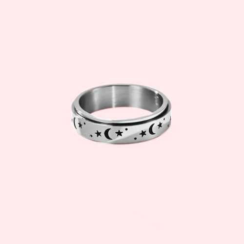 Bague anneau enfant fille femme acier rotative anti-stress lune étoile fond rose