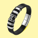 Bracciale da uomo in pelle nera e cilindri lettera H con chiusura magnetica in acciaio