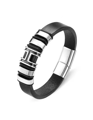 Herrenarmband aus schwarzem Leder und Zylinder-Buchstabe H mit magnetischem Stahlverschluss