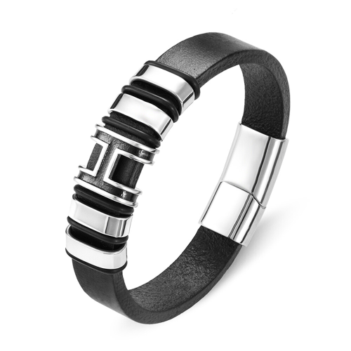 Pulsera para hombre en cuero negro y cilindros letra H con cierre magnético de acero