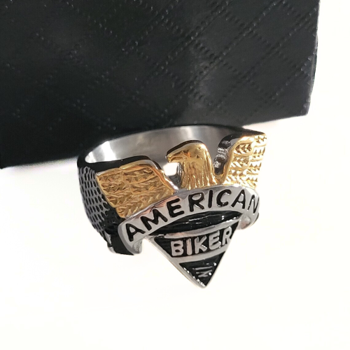 Anello Cavaliere uomo maschio acciaio e oro placcato simbolo biker americano con Ecrin