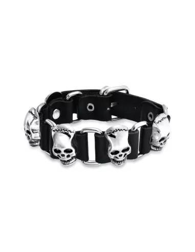 Adjustable men's leather bracelet and Frankenstein steel biker skull