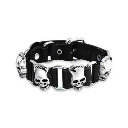 Bracciale da uomo regolabile in pelle e teschio biker Frankenstein in acciaio