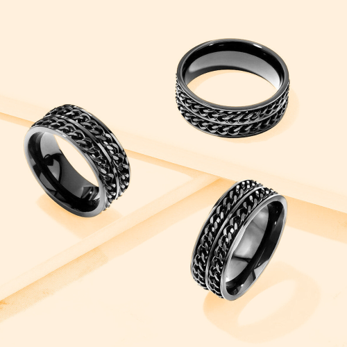 Men's ring in black steel, duo of anti-stress chains, orange background