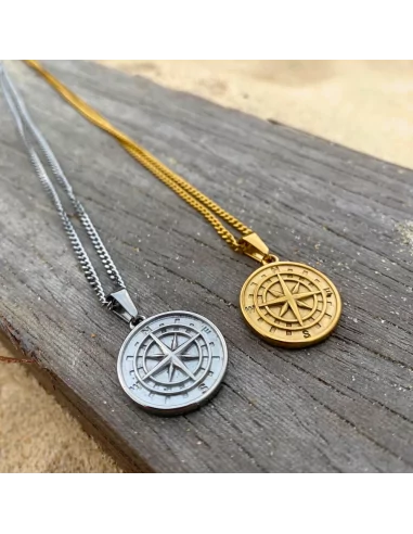 Halskette mit Kompass-Anhänger für Herren, inklusive Kette, Goldstahl Ihrer Wahl