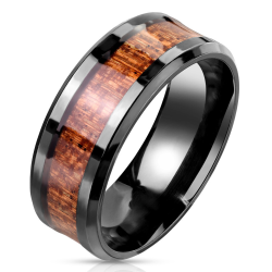 Bague anneau alliance de mariage homme acier noir bande centrale bois