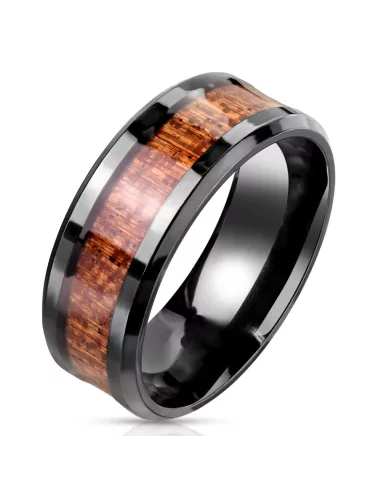 Ehering für Herren, Ring aus schwarzem Stahl, zentrales Holzband
