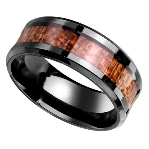 Bague anneau de fiançailles homme acier noir bande centrale bois de koa alliance de profil