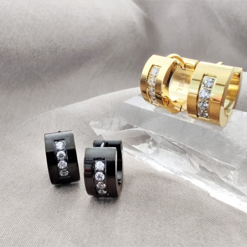 Paire boucles d'oreilles créoles femme homme acier chic strass sertie noire