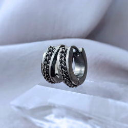 Creole black steel earrings with central chain clips