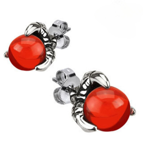 Pair of men's steel earrings with blood-red pearl held by dragon claws
