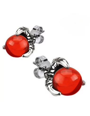 Pair of men's steel earrings with blood-red pearl held by dragon claws