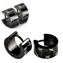 Pair of large black stainless steel men's earrings with cross pattern, two profiles