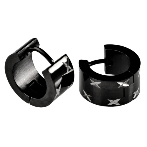 Paire boucles d'oreilles homme acier inoxydable noire large motif croisillons