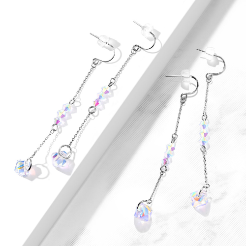 Paire de boucles d'oreilles femme acier double chaîne et perles arc-en-ciel présentée