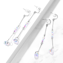 Pair of women's double chain steel and rainbow pearl earrings presented