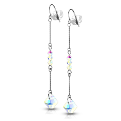 Pair of women's earrings dangling steel chain and rainbow beads