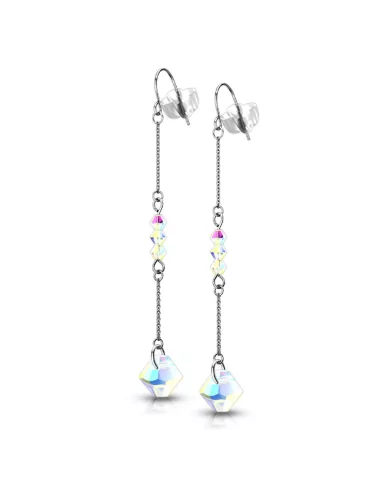 Pair of women's earrings dangling steel chain and rainbow beads
