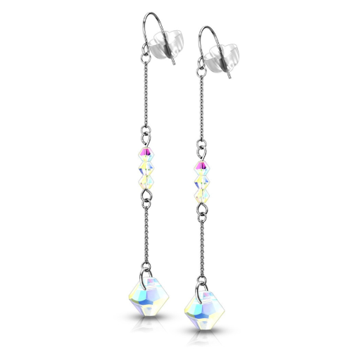 Paire de boucles d'oreilles femme pendante acier chaîne et perles arc-en-ciel