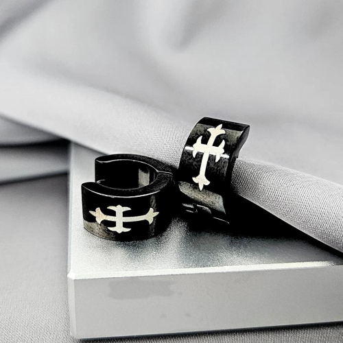 Pair of men's steel medieval gothic cross earrings presented