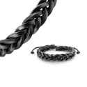 Bracelet réglable homme cuir couleur noir bandes tressées 19 à 25cm vue de près