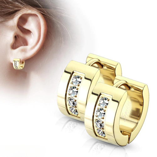 Pendientes de pares Créoles Chic Steel Rhinestone Conjunto con modelo de oro levantado por una mujer