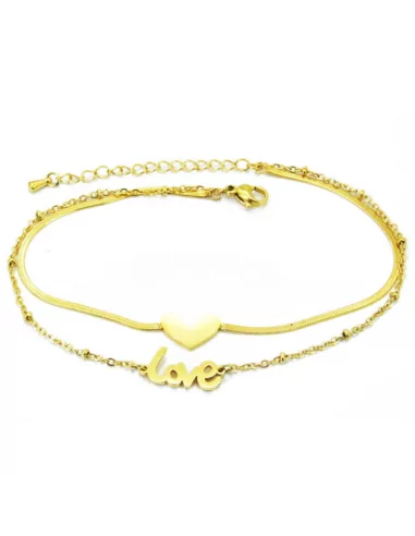 Women's ankle chain bracelet, gilded steel with fine gold heart love