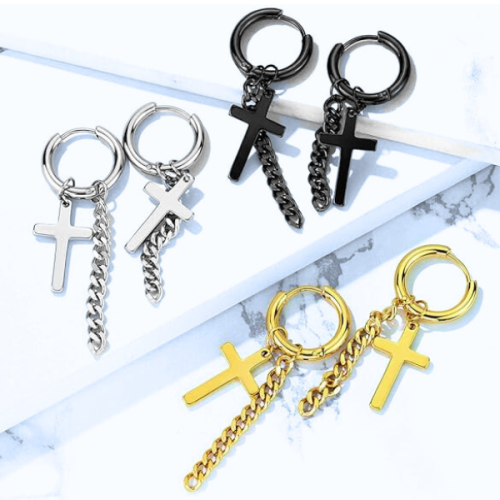Boucles d'oreilles homme acier croix et chaine pendante couleur au choix présentées
