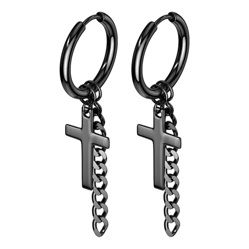 Earrings man steel cross and chain pendant color black