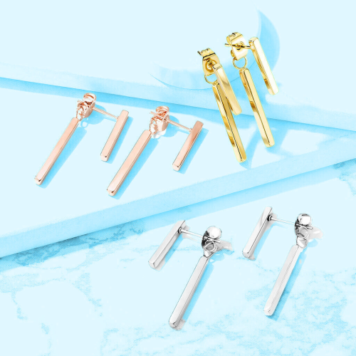 Paire boucles d'oreilles femme deux barres pendantes acier couleur au choix présentées