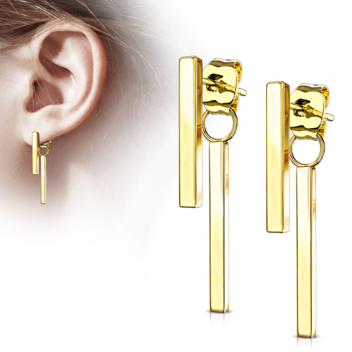 Coppia di orecchini a due barrette pendenti in acciaio color oro per orecchie da donna