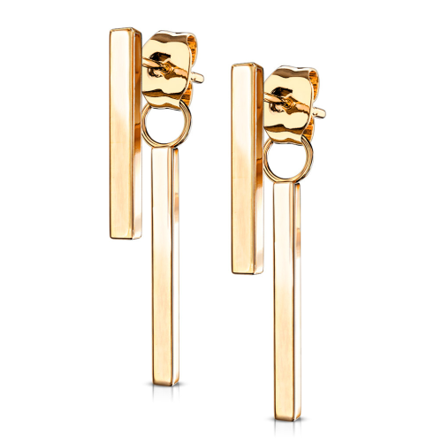 Pair of women's earrings with two dangling steel bars in pink gold color