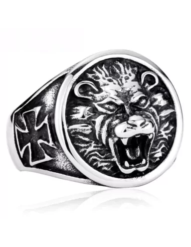 Men's steel open ring Maltese cross roaring lion head