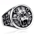 Men's steel open ring Maltese cross roaring lion head