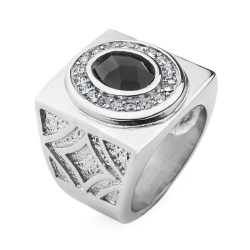 Anillo de sello para hombre de acero y piedra con ónix negro ovalado facetado engastado
