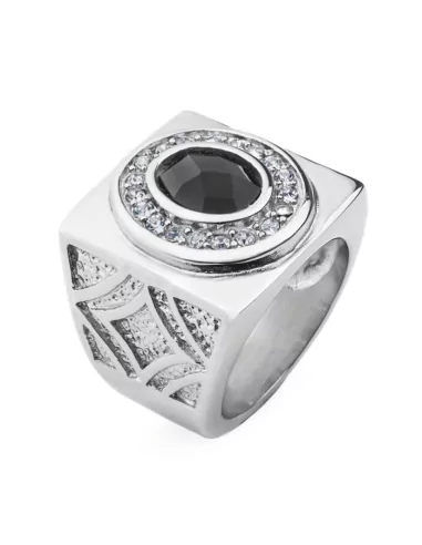 Men's steel and stone signet ring set with faceted oval black onyx